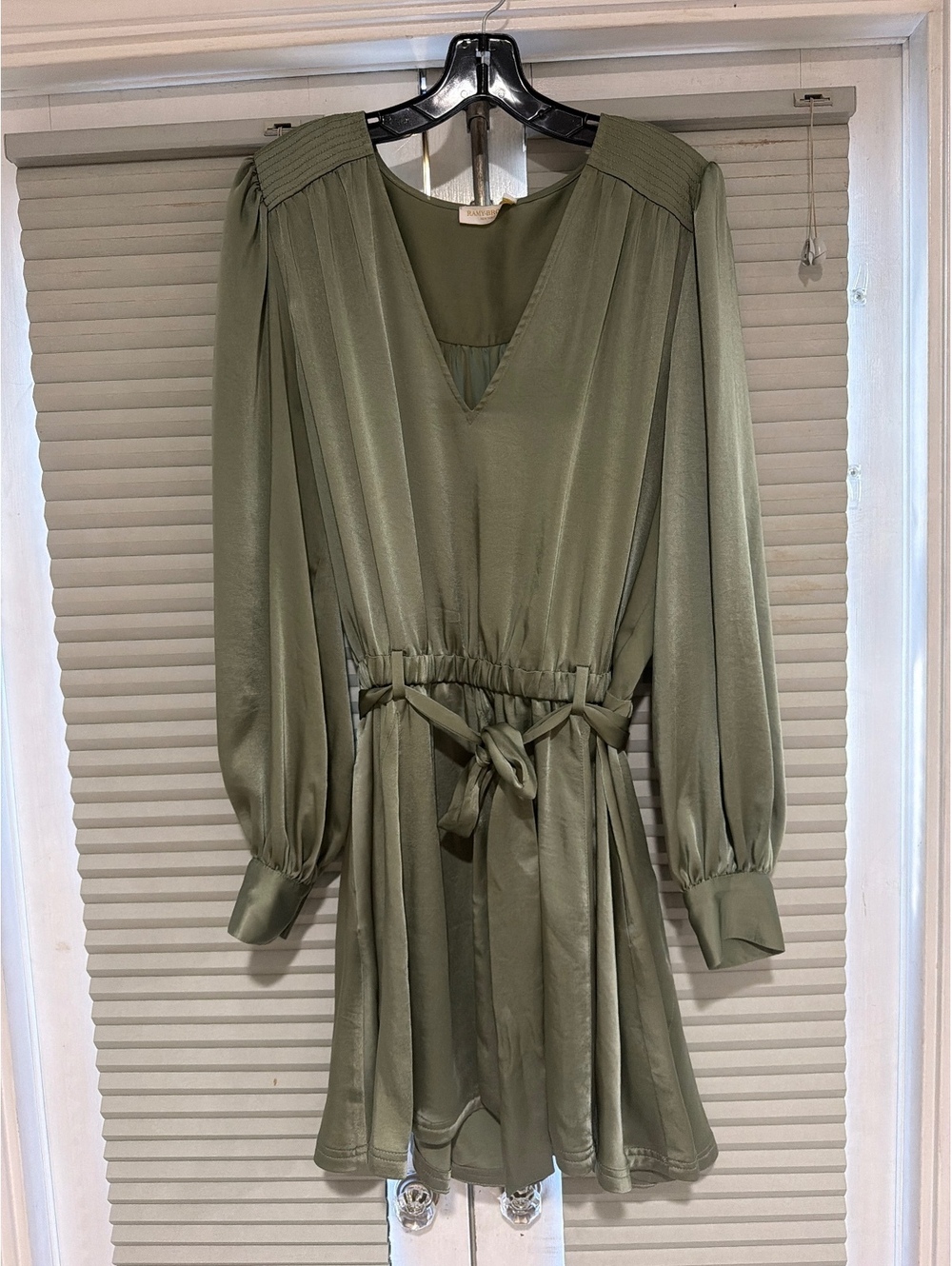 Ramy Brook Olive Green Satin Long Sleeve Dress with Tie Waist, Size XL
